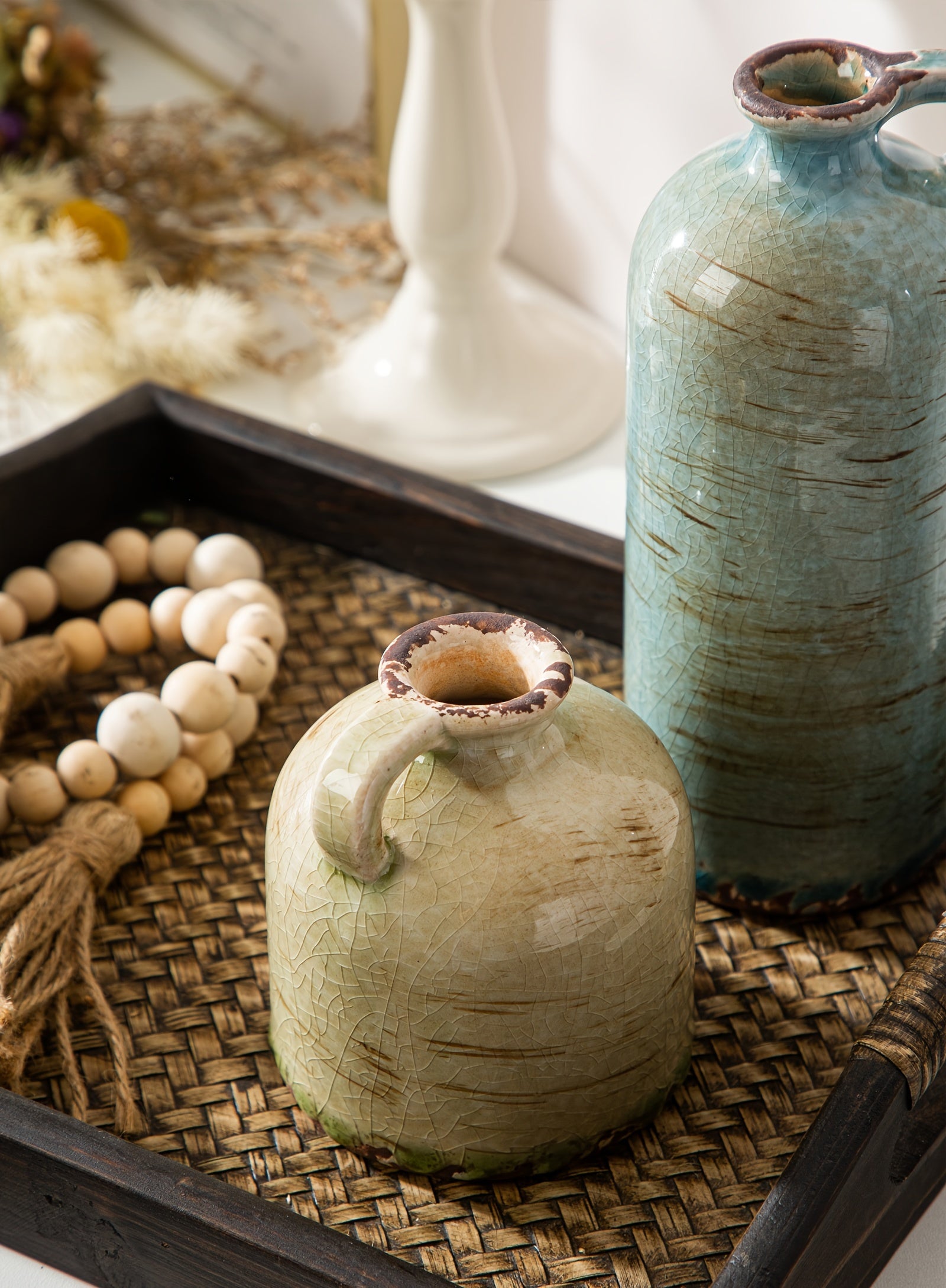 3 PIEZAS - Conjunto de 3 jarrones de cerámica estilo boho vintage - Diseño texturizado y brillante, disponible en mix aqua y blanco