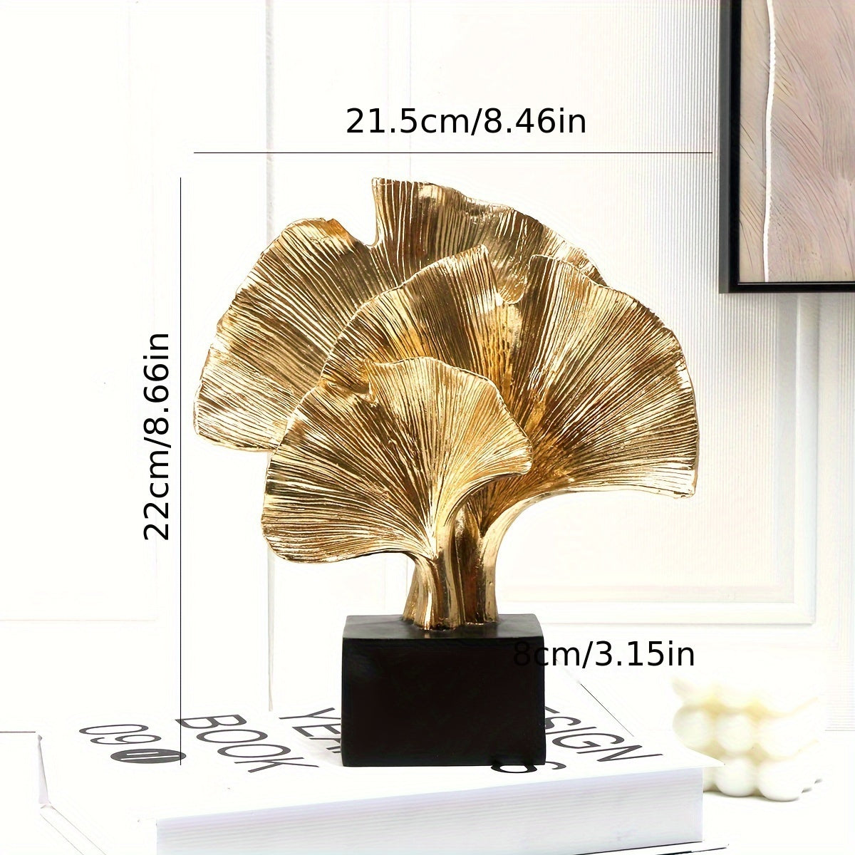 Escultura decorativa en resina - 3 Hojas de Ginkgo abstracta en dorado, arte elegante para interior