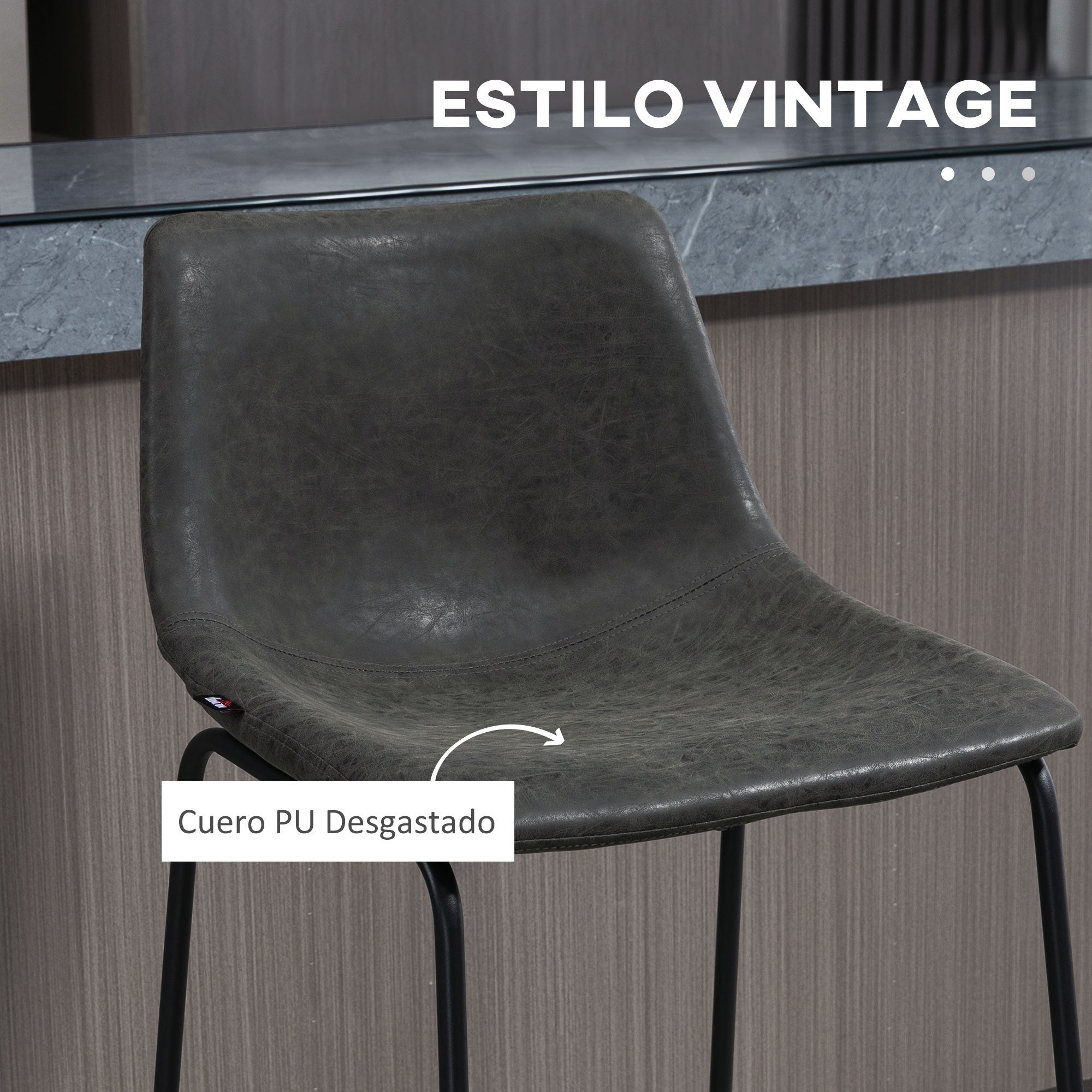 ¡CASI AGOTADO! 2 PIEZAS - Conjunto de 2 taburetes altos de cocina estilo vintage con respaldo y reposapiés - Tapizado en piel sintética y estructura de acero en negro