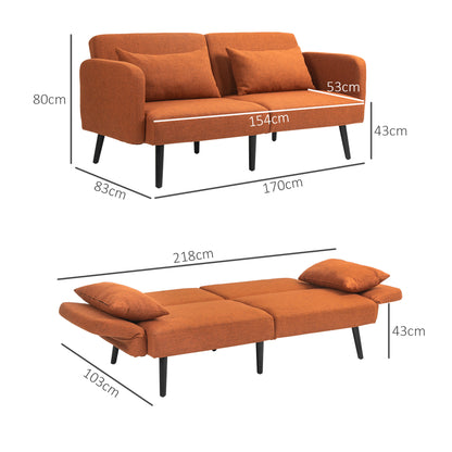 Sofá de dos plazas estilo moderno convertible en cama - Tejido efecto lino color coral, con reposabrazos y respaldo ajustables, incluye 2 cojines