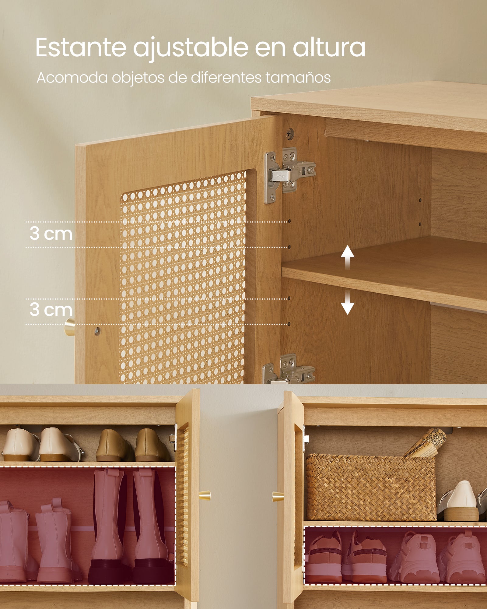 Zapatero de estilo boho con 3 niveles, puertas de ratán y estante ajustable - Madera y patas de acero