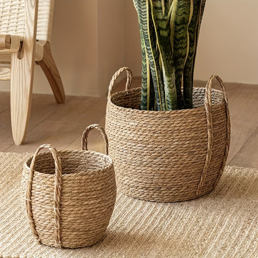 Cesta decorativa tejida a mano - Disponible en 3 tamaños - Cubremaceta rústico de tallos de sorgo con asas
