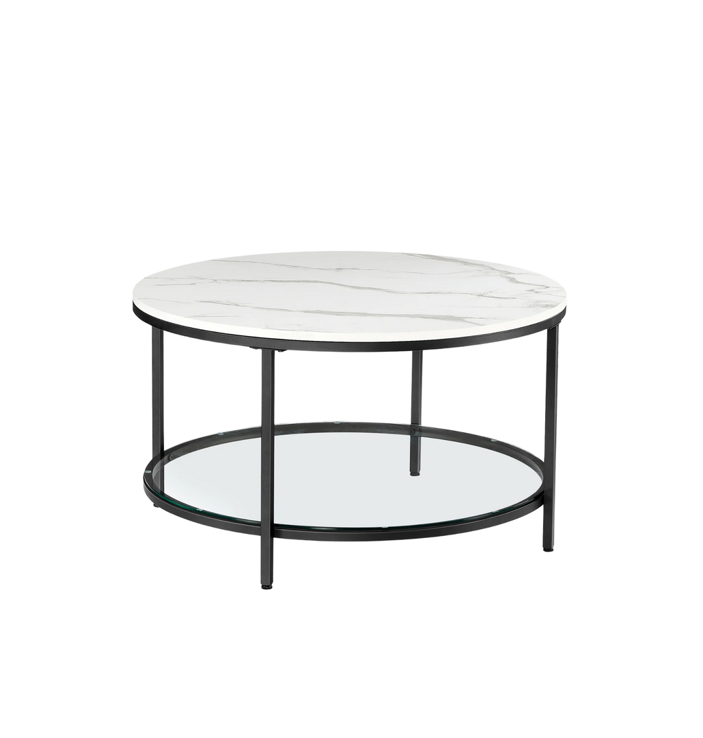 Mesa de centro redonda de estilo moderno disponible en tres variantes - Mármol de imitación, estante de vidrio templado y estructura metálica