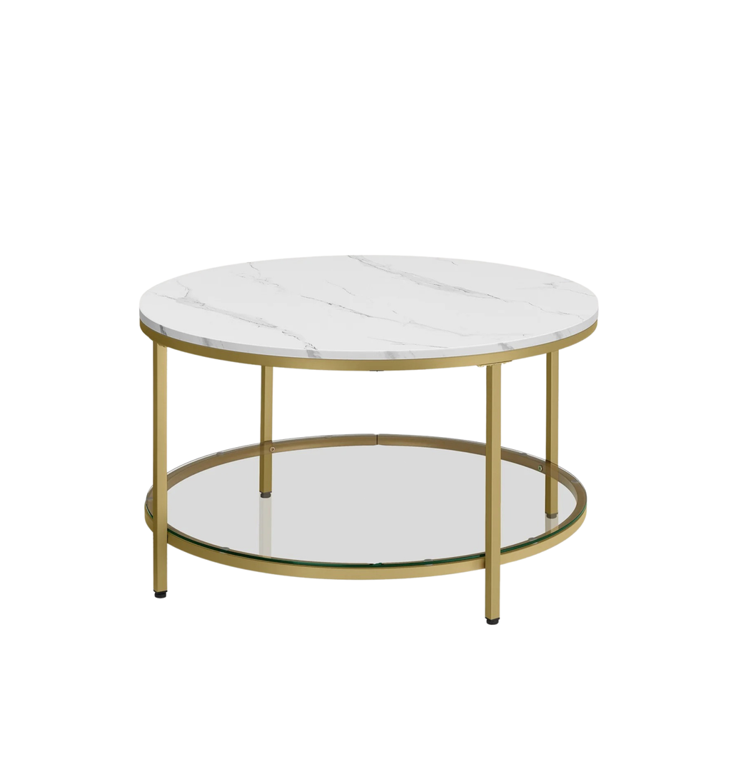 Mesa de centro redonda de estilo moderno disponible en tres variantes - Mármol de imitación, estante de vidrio templado y estructura metálica