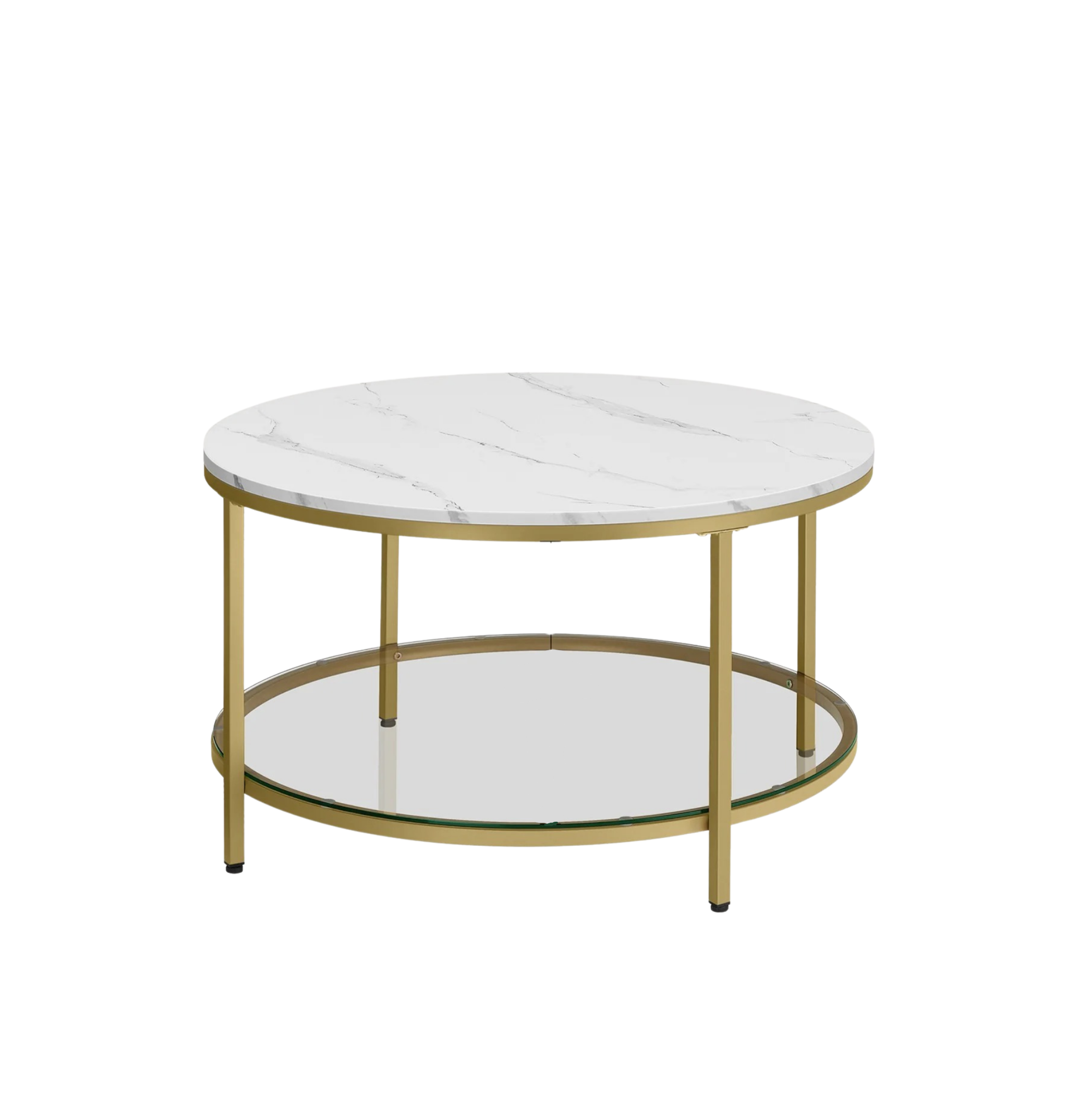 Mesa de centro redonda de estilo moderno disponible en tres variantes - Mármol de imitación, estante de vidrio templado y estructura metálica