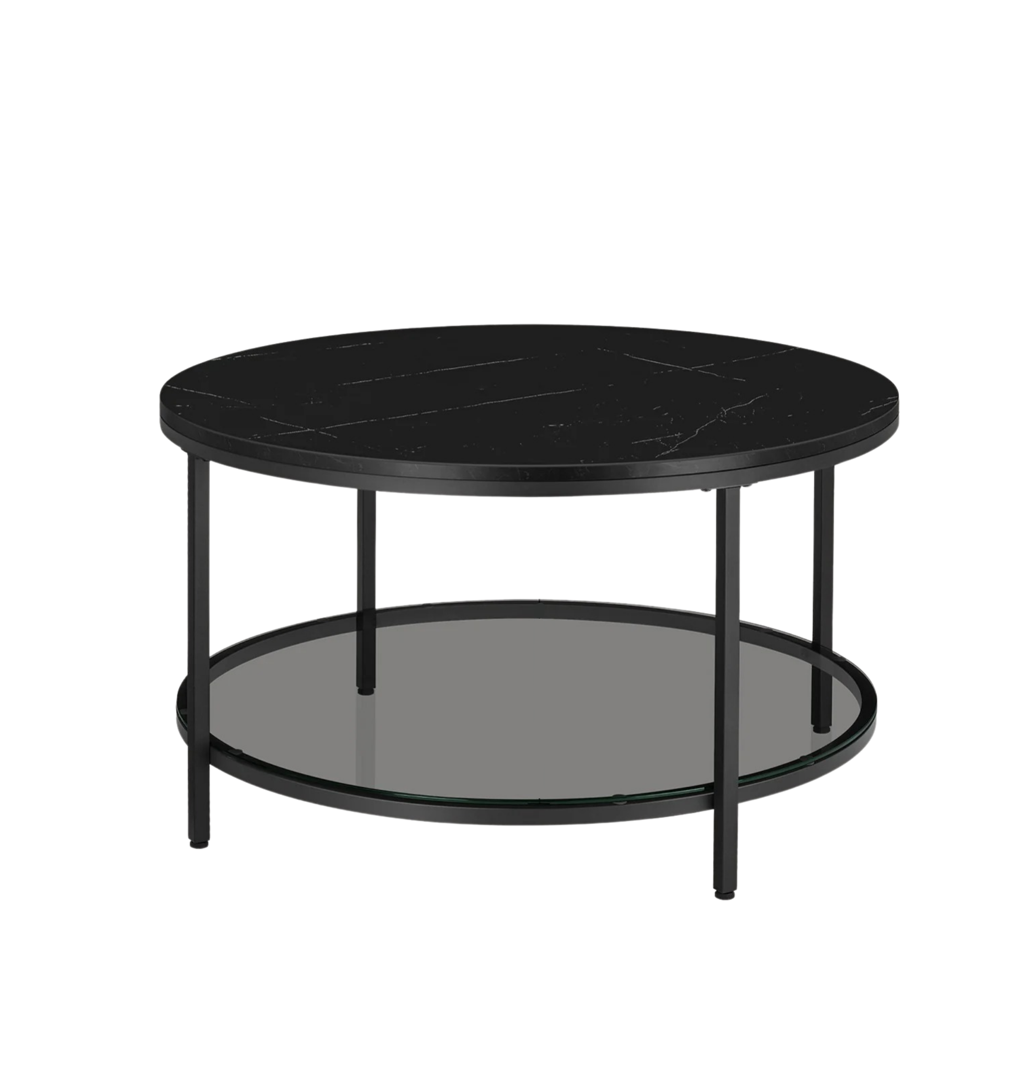 Mesa de centro redonda de estilo moderno disponible en tres variantes - Mármol de imitación, estante de vidrio templado y estructura metálica